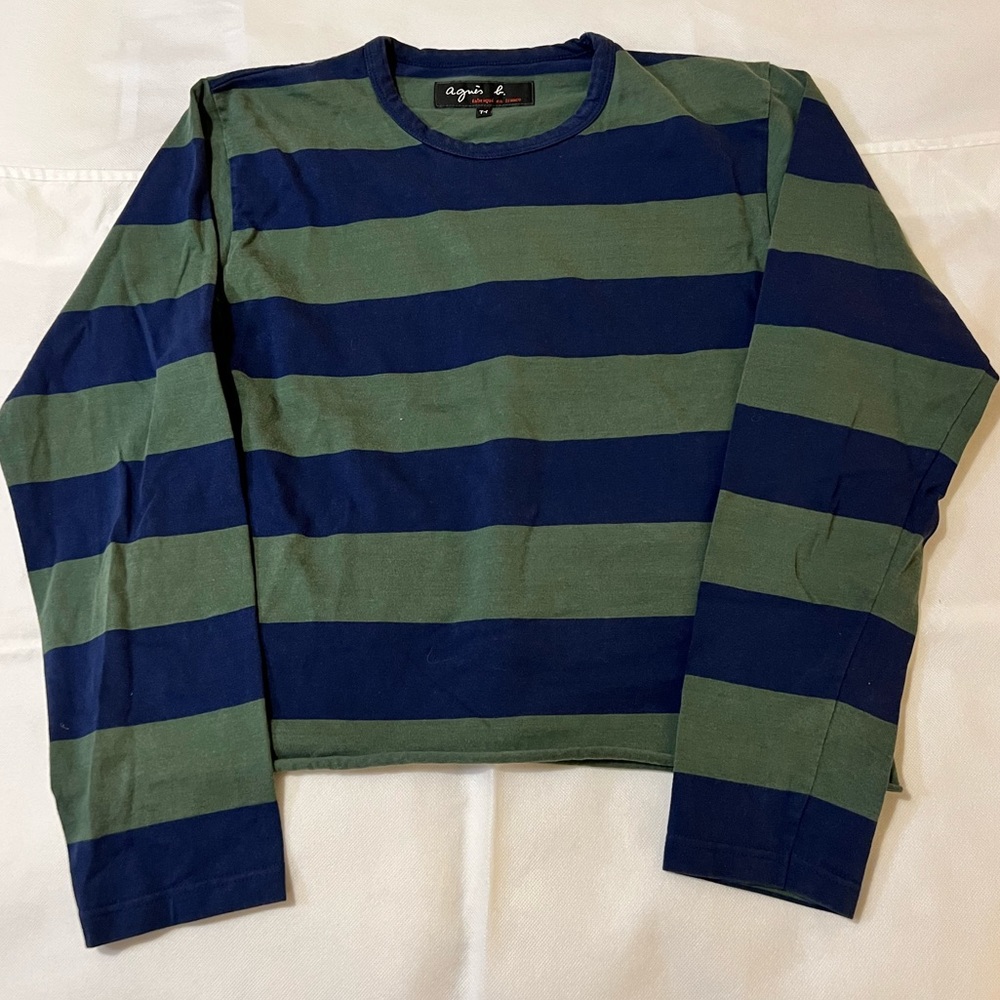 Long sleeve Mariniere sweatshirt green and blue striped French small